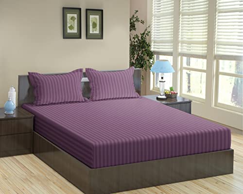 Image of Trance Home Linen 100% Cotton 78x36 inch Single Fitted 200TC Satin Stripe Elastic Fitted Bedsheet | Single Bed Size Daily use Fitted Bedspread with 1 Pillow Covers (78 inchx36 inch | 6.5x3 feet, Plum)