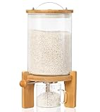 HBlife 5-7 Lbs Glass Rice Dispenser with Wooden Stand Flour and Cereal Container with Glass Measuring Cup Pantry Food Organization Storage Bin with Airtight Bamboo Lid, 3L
