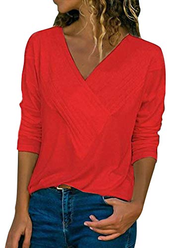 ShallGood Camisa Mujer Manga Larga Cuello V Casual Suelto Blusa Batwing Elegantes Color Sólido Pullover Tops Deportiva Oficina Tops Básica Blusas B Rojo ES 38