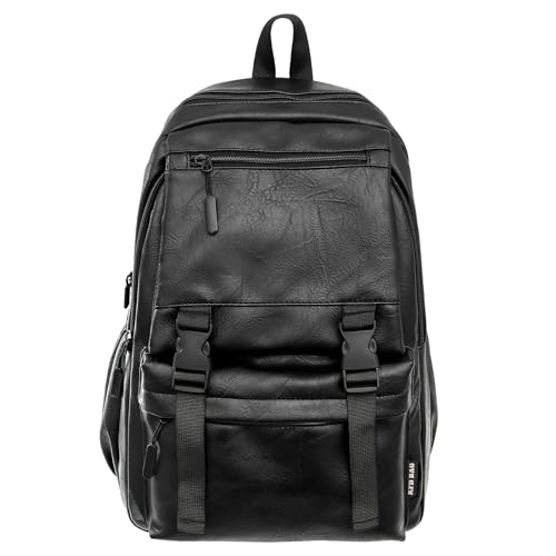 Fuaihui PU-Leder Reiserucksack Herren Wasserdichter Leichter Daypack mit 15.6 Zoll Laptopfach für Uni Freizeit und Kurzreisen (Schwarz)