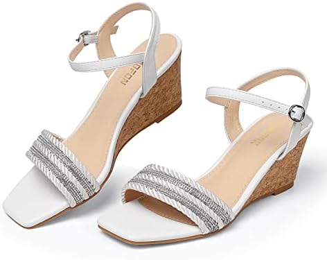 TEMOFON Women’s Dressy Wedge Sandals Rhinestone Square Toe Sandals Mid Low Heel Sandals Buckle Ankle Strap Slingback Dress Shoes White 8