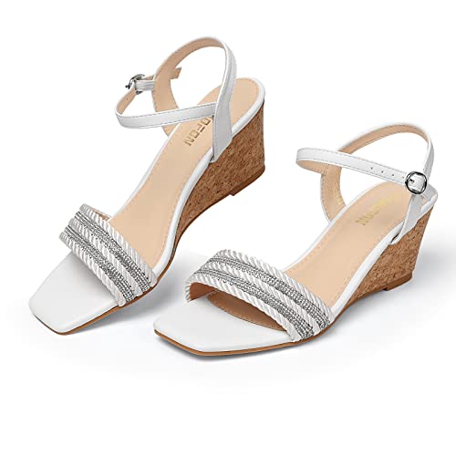Temofon Women’s Dressy Wedge Sandals Rhinestone Square Toe Sandals Mid Low Heel Sandals Buckle Ankle Strap Slingback Dress Shoes White 8 #TOP15