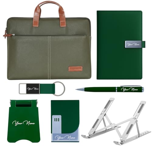 Image of Giftana 7 in 1 Laptop Bag and Laptop Stand with Personalized Diary & Pen, Keychain, Card Holder, Mobile Stand Set, Customized Gift for Husband, Employee Welcome Kit, Corporate Gift for Employees (Green)