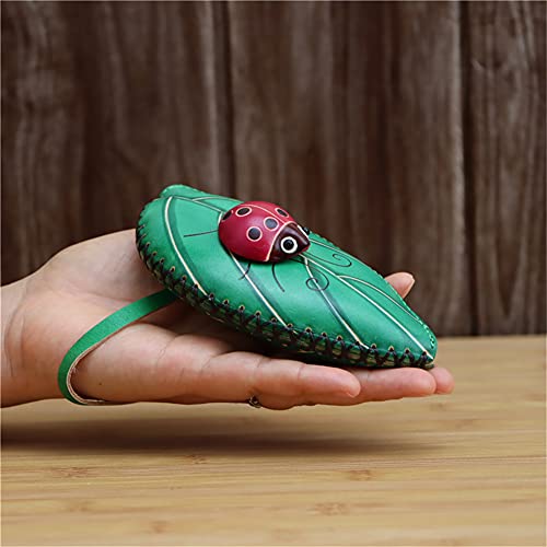 Fanyixuan Ladies Leaf Ladybug Leather Coin Purse Can Put Coin Clutch Bag Handmade Leather Creative Key Case (Green) #TOP3