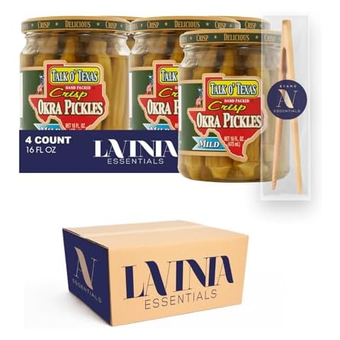 Talk o' Texas Pack- of Okra Pickles 16 oz Glass Jar + 1-7 Inch Bamboo Tong by Lavinia Essentials (4 Pack, Mild) Cover