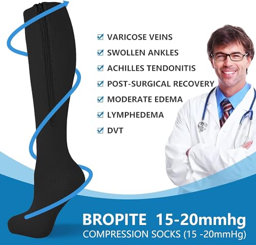 Image of bropite Zipper Close Toe Compression Socks for Women and Men 2 Pairs Knee high 15-20mmHg for Walking Running Nurses Pregnancy