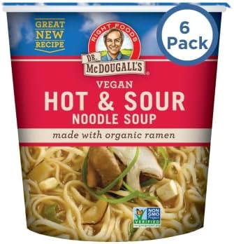 Dr. McDougall's Hot and Sour Vegan Ramen Soup - Spicy Ramen Noodles - Instant Ramen Noodle Cups - Non-GMO Instant Hot Noodles - Oil-Free Soup 1.9 Ounces - Pack of 6