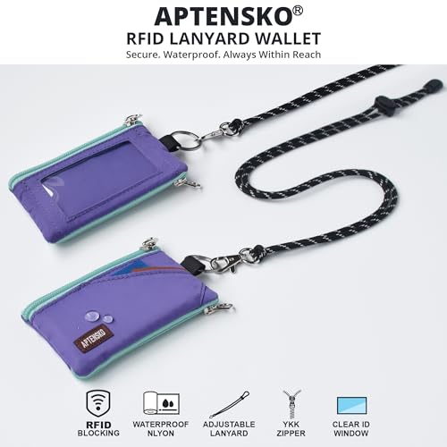 Image of RFID Blocking Travel Wallet with Adjustable Lanyard, Small Nylon Zipper Pouch and Badge Holder for ID, Credit Cards, Cash, Keys, Commuters (Violet)