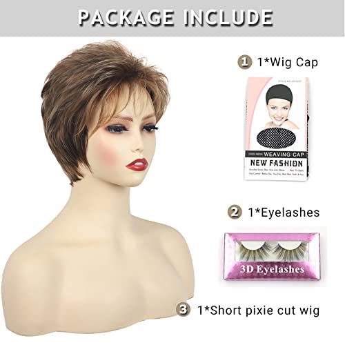 Tishining Short Brown Pixie Cut Wigs For Women With Bangs Dark Brown Mixed Blonde Wavy Layered Short Boy Cut Wig Natural Looking Synthetic Hair Replacement Wigs For Daily Party #TOP1