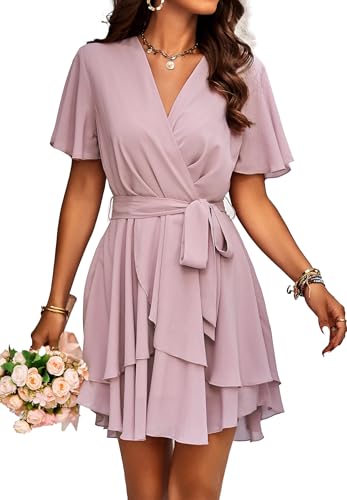 Jiraewh Damen Chiffon Kurz Kleid V-Ausschnitt Kurzarm Sommerkleid Tunika Kleider Einfarbig Elegant Rüschen Minikleid Casual Swing Skater Kleid Hohe Taille Partykleid Wickelkleid mit Gürtel （5086-PK,M）