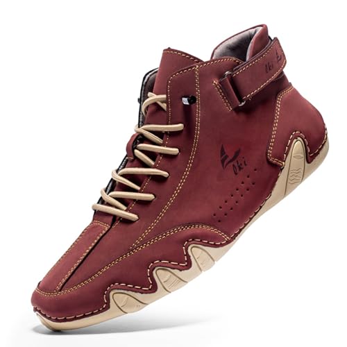 DEVILEYEZE Men's Casual Ltalian Handmade High Top high boots Leather Outdoor Walking Sneakers Slip-on Lightweight Non-Slip Waterproof Driving Chukka Boots (wine red,8.5,8.5,Men)