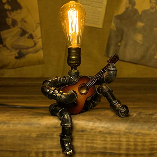Steampunk Table Lamp, Retro Guitar Desk Lamp With Edison Bulb, Unique Music Art Room Decor Stuff Gifts For Men Cave, Cool Industrial Metal Pipe Robot Lights, Fun Birthday Gift For Any Music Lover #TOP19