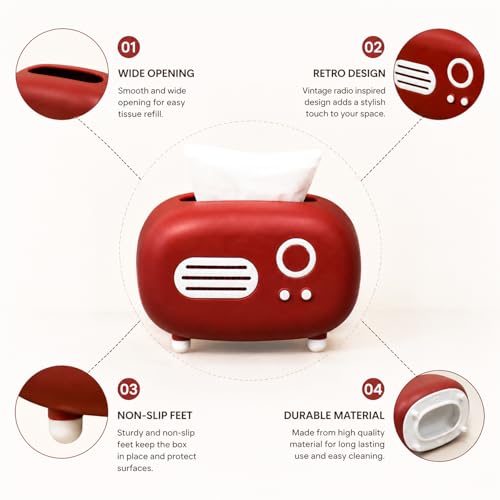 Image of Market99 Red Vintage Napkin Holder | Retro Radio Design Tissue Box for Table, Kitchen, Office & Bathroom | Decorative Paper Towel Organizer & Desktop Storage for Living Room, Cafe & Everyday Home Use