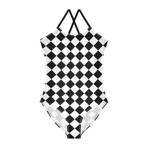Image of Black and White Chess Girls One Piece Swimsuits Board Marble Tile Sport Halter Swimwear Beach Bathing Suit 3T
