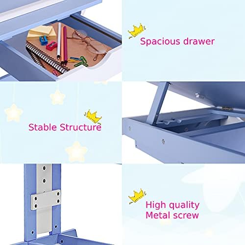 GYMAX Adjustable Height Drawing Table, Kids Painting Desk with Tiltable Tabletop & Storage Drawer, Children Art Table for Study Work Station (Blue)
