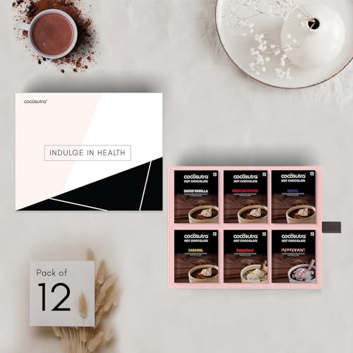 Image of COCOSUTRA Drinking Chocolate Mix | 12 Single-Serve Sachets (20g Each) | 2 Sachets Each Flavour | Swiss Vanilla, Mocha, Caramel, Hazelnut, Mexican Spiced & Peppermint | Gluten Free & Vegan | Enjoy Hot or Cold | 240g