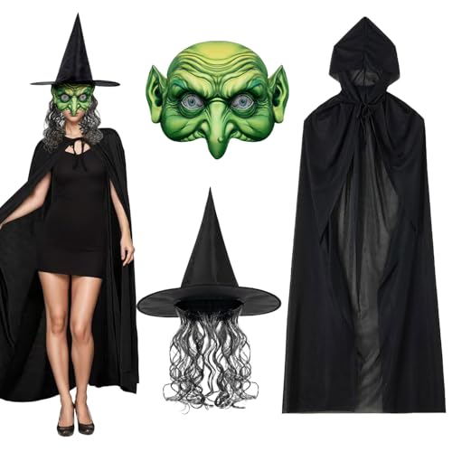 Hexenkostüm Damen Halloween,Hexenumhang Damen mit Alte Hexe Masken,Hexenhut mit Haar,Gruselig Horror Mask Set,Hexenkostüm für Halloween Karneval...