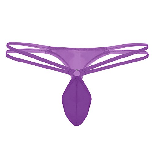 MSemis Men's Mini Coverage Double Waist Straps G-String Bugle Pouch Thongs T-Back Underwear Purple XX-Large