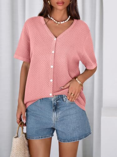 Image of NALANISA Women's Short Sleeve Sweater Spring Summer Crochet Knit Tops 2026 V Neck Striped Button Down Dressy Casual Blouses