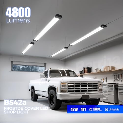 Image of Barrina BS42a 4FT LED Shop Light for Garage, 42W, 5000K, 4800LM, Linkable Plug in Light Fixture, Workshop, Hanging or Flush Mount, Concealed Wiring Design, Pull Chain Switch, Heat Dissipation, 2 Packs