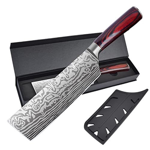 PoktWorld Küchenmesser,Klingenlänge 18cm Japanisches Kochmesser Profi Messer,Damastmesser,Klinge Extrem Scharf Küchenmesser,Ergonomischer Griffmit Scheide & Geschenkbox Cover
