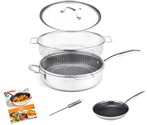 LIVINGTON Titan Pan Pfannenset - beschichtete Edelstahl Pfanne 28cm mit Diamant-Antihaft-Veredelung - backofenfeste Hochrandpfanne für alle Herdarten - inkl. kleine Pfanne 20 cm Cover