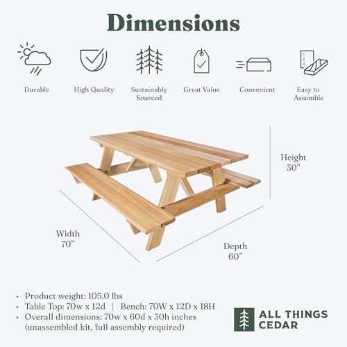 Image of All Things Cedar 6-Ft Outdoor Picnic Table, Handcrafted Wooden Patio Bench Set, Rustic Cedar
