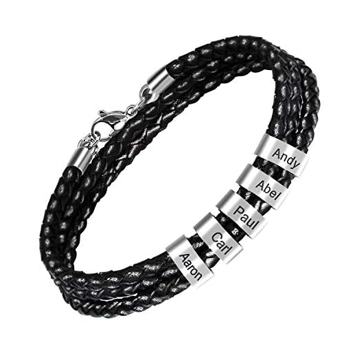 MOASEE Jewelry Personligt läderarmband män män rostfritt stål personliga namn flätad armband med gravyr magnetlås, Läder,