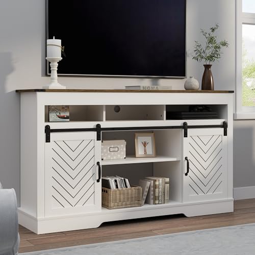 Image of RoyalCraft Farmhouse TV Stand for 23 inch Electric Fireplace, Tall Entertainment Center for 65+ Inch TV, 34 inch Tall Rustic TV Console with Sliding Bar Door for Living Room, Wood-Tone and White