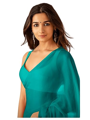 Sidhidata Women's Plain Georgette Saree With Unstitched Blouse Piece (Rocky Aur Rani Ki Prem Kahani Alia Bhatt Saree) (Dark Firozi)