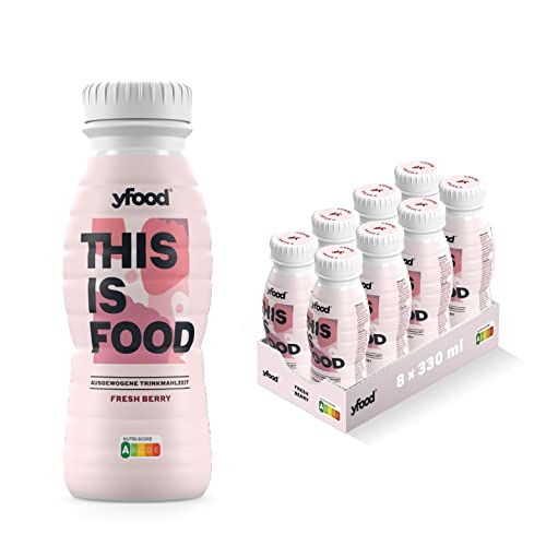 YFood Beere | Laktose- und glutenfreier Nahrungsersatz | 22g Protein, 26 Vitamine und Mineralstoffe | Leckere Astronautennahrung - 17% des Kalorienbedarfs | Trinkmahlzeit, 8 x 330 ml (1 kcal/ml)