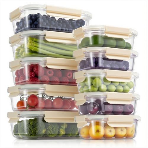 10 Pack Glass Meal Prep Containers, Food Storage Containers with Lids Airtight, Glass Storage Container Set with Lid for Food, Bpa-free, Leak-proof, Microwave Oven Freezer Dishwasher Safe creamy white