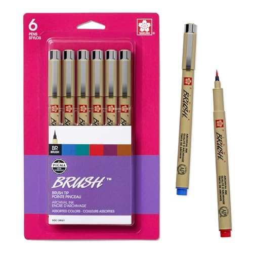 SAKURA Pigma Micron Brush Pens - Archival Black and Colored Ink Pens - Pens for Writing, Drawing, or Journaling - Black and Assorted Colored Ink - Brush Nibs - 6 Pack