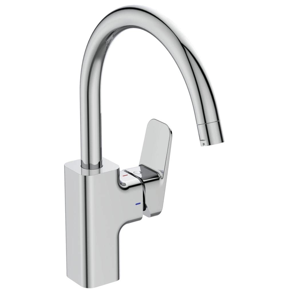 Ideal Standard - Ceraplan, Miscelatore monocomando per lavello da cucina, Bocca alta tubolare curva orientabile, Cromato