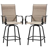 HOMREST Outdoor Swivel Bar Stools Set of 2, High Patio Swivel Bar Chairs with Padded Back & Seat, All-Weather Textilene Tall Patio Chair with Curved Armrest & Metal Footrest for Outside,Light Brown