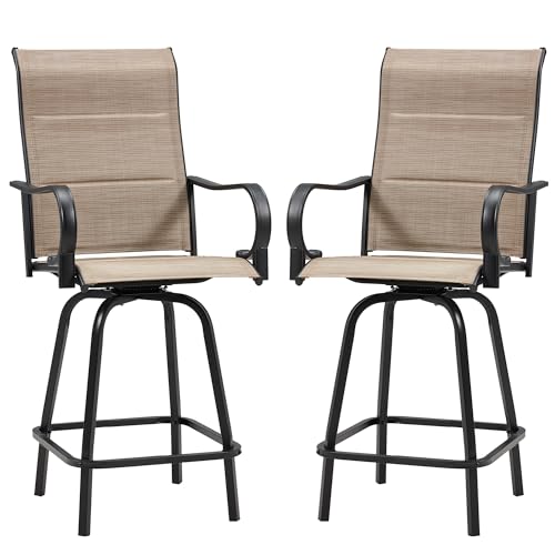HOMREST Outdoor Swivel Bar Stools Set of 2, High Patio Swivel Bar Chairs with Padded Back & Seat, All-Weather Textilene Tall Patio Chair with Curved Armrest & Metal Footrest for Outside,Light Brown