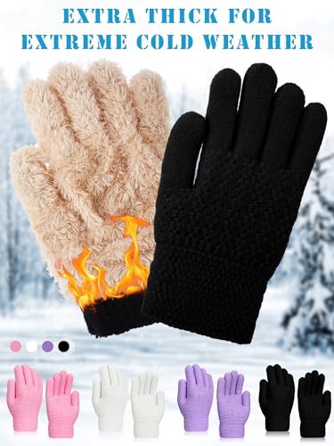 Chuarry 4 Pairs Kids Fleece Lined Gloves Knit Thick Warm Mittens Knit Thermal Gloves for 4-10 Years Winter Supplies3