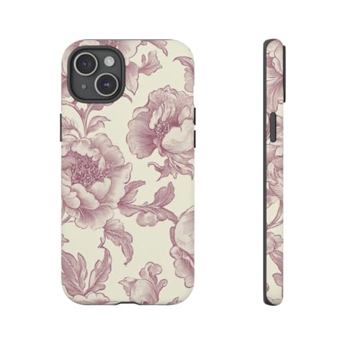 Coque iPhone 15 Plus motif floral victorien bordeaux finition mate luxe