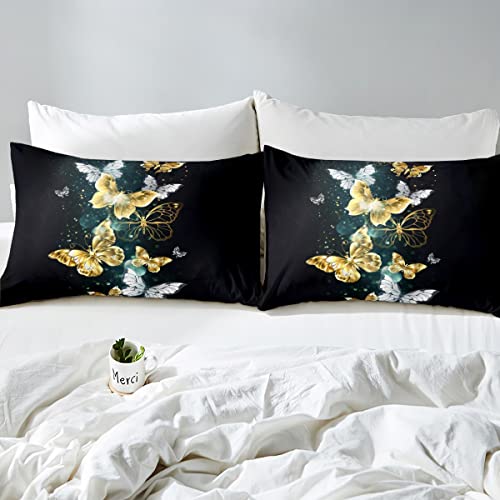 Butterfly Bedding Set For Girls Boys Children Kids Gold And White Butterflies Comforter Cover Flying Animal Pattern Duvet Cover Black Room Decor Luxury Bedspread Cover Queen Size Bedding Collection #TOP3