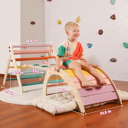 Image of Yopnoyik Pikler Triangle Set with Cushion Large, 5 in 1 Toddler Climbing Toys Indoor, Montessori Foldable Climbing Set for Kids, Wooden Playground Jungle Gym with Ramp, Arch and Ladder (Color-B)