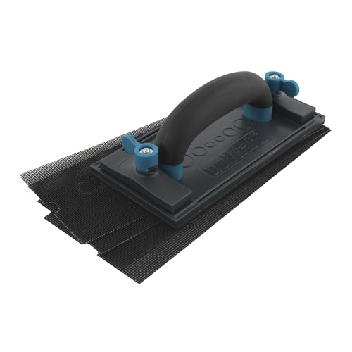 wolfcraft Handschleifer-Set, 5-tlg. I 8722000 - Zum Schleifen verspachtelter Gipskartonübergänge und zum Glätten angeschrägter Plattenkanten - inklusive Gitterleinen Korn 120 und 220