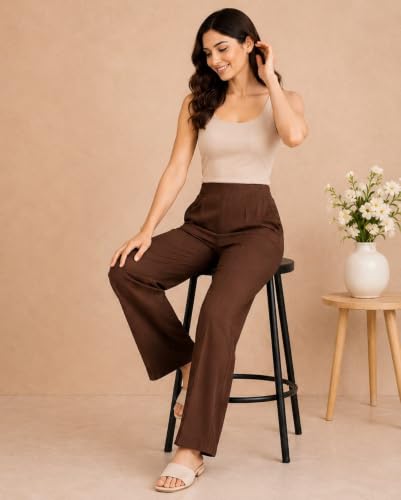 Image of Women's Mid Rise Wide Leg Trousers with Elastic Waist & Pockets