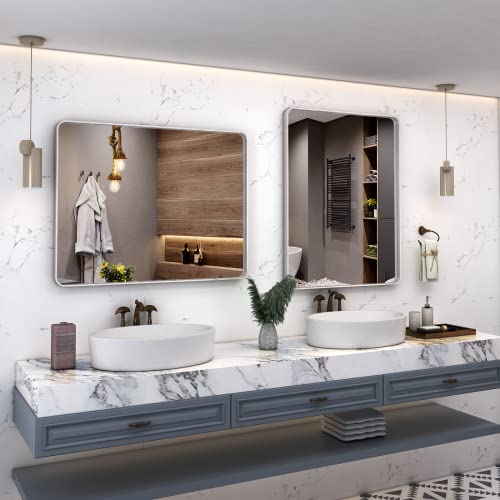 Charmor 28X36 Silver Bathroom Mirror For Wall, Brushed Metal Framed Bathroom Vanity Mirror, Rounded Corner Rectangle Silver Mirror, Shatterproof, Anti-Rust (Horizontal/Vertical) #TOP5