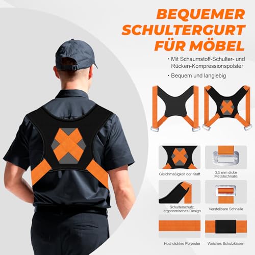 Yirilan 2 Personen Tragegurt, Verstellbare Armhebegurte Tragegurte Umzug mit Schwamm-Weste, Transportieren und Bewegen von Möbeln, Haushaltsgeräten, Matratzen usw, Tragfähigkeit 380 kg (orange)
