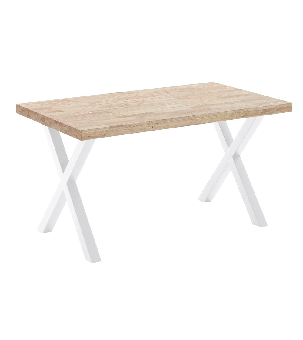 Home Heavenly® - Mesa Comedor Industrial Darek 140 cm. Tabla Madera Maciza Roble Nordish. Patas metálicas Blancas Forma 'X'.