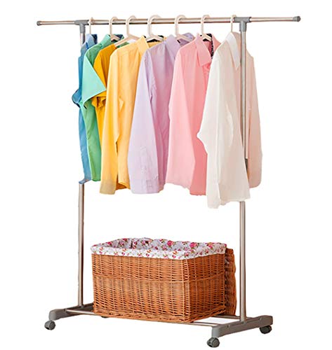 JANRON Perchero con Barra para Colgar Ropa, Ajustable con Ruedas, Perchero Burro de Metal Plegable y Extensible, para Hogar Vestidor Pasillo Habitación - 88-150(L) x 43(W) x 95-160(H) cm