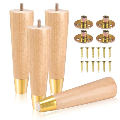 COEWUR 4 Pcs Wooden Furniture Legs 8inch/20cm Sofa Leg Solid Wood Legs for Furniture Feet Wooden Table Leg Replacement for Dresser Bed Stool Cabinet Chair Couch with Gold Caps,Pad,Screws,Plates