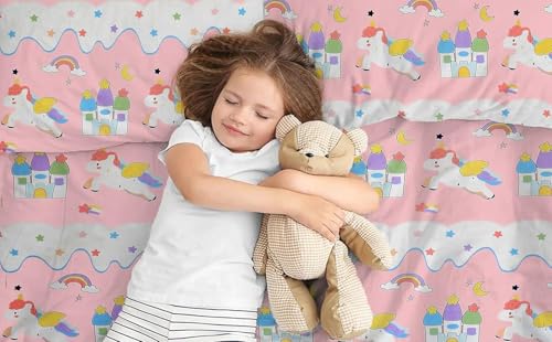 Image of RD FABS Glace Cotton Wrinkle Free Soft Hypoallergenic Bed Sheet with 2 Pillow Cover,Cartoon Printed,Double Bed King Size Bedsheet for Kids Room Boys Girls(90x95 Inches /Pink /Unicorn),144 TC