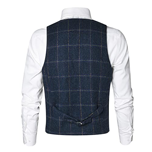 Voboom Men's Slim Fit Herringbone Tweed Suits Vest Premium Wool Blend Waistcoat (Plaid Blue, Medium) #TOP2