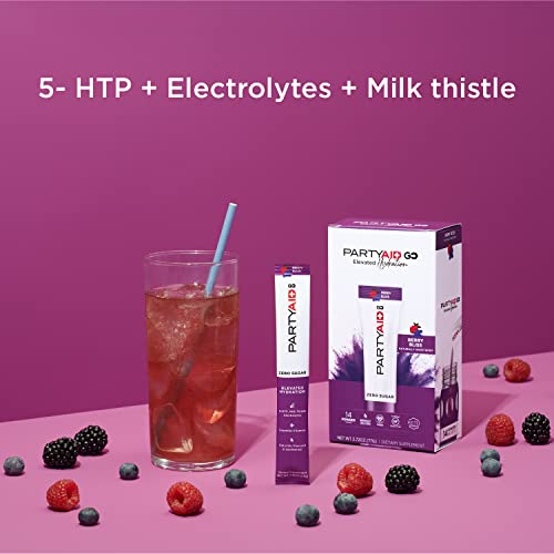 Image of PARTYAID GO! Feel Good Tonight and Tomorrow, Zero Sugar, 5-HTP, B-Complex, Milk Thistle, Electrolytes, No Artificial Flavors or Sweeteners, Caffeine-Free, 14 Count (Pack of 1)